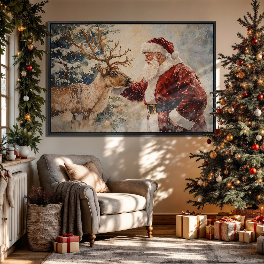 Framed Wall Art featuring Santa and reindeer in a watercolor style, warm red and blue tones. Perfect Christmas decor for a cozy interior.