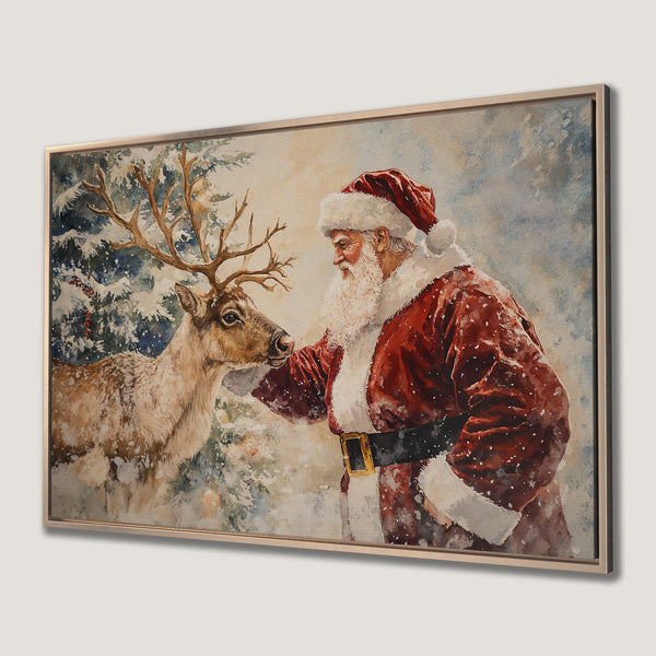Framed Wall Art: Santa Claus and reindeer watercolor print, perfect Christmas decor. Warm red, brown, and blue color palette, adds festive charm to any space.