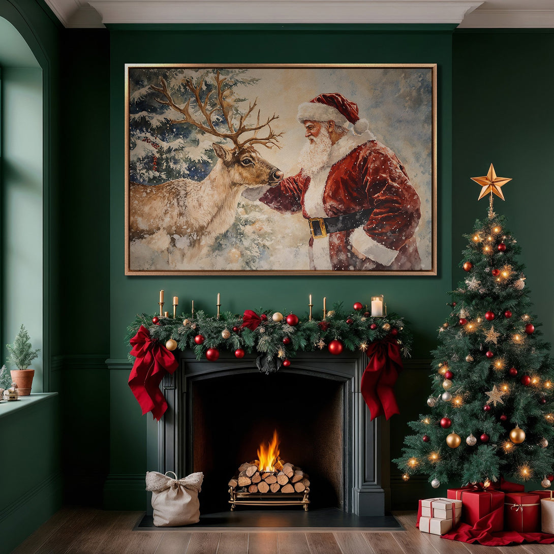 Framed Wall Art featuring Santa & reindeer in watercolor style, displayed in a festive green interior. Warm red & gold Christmas decor.