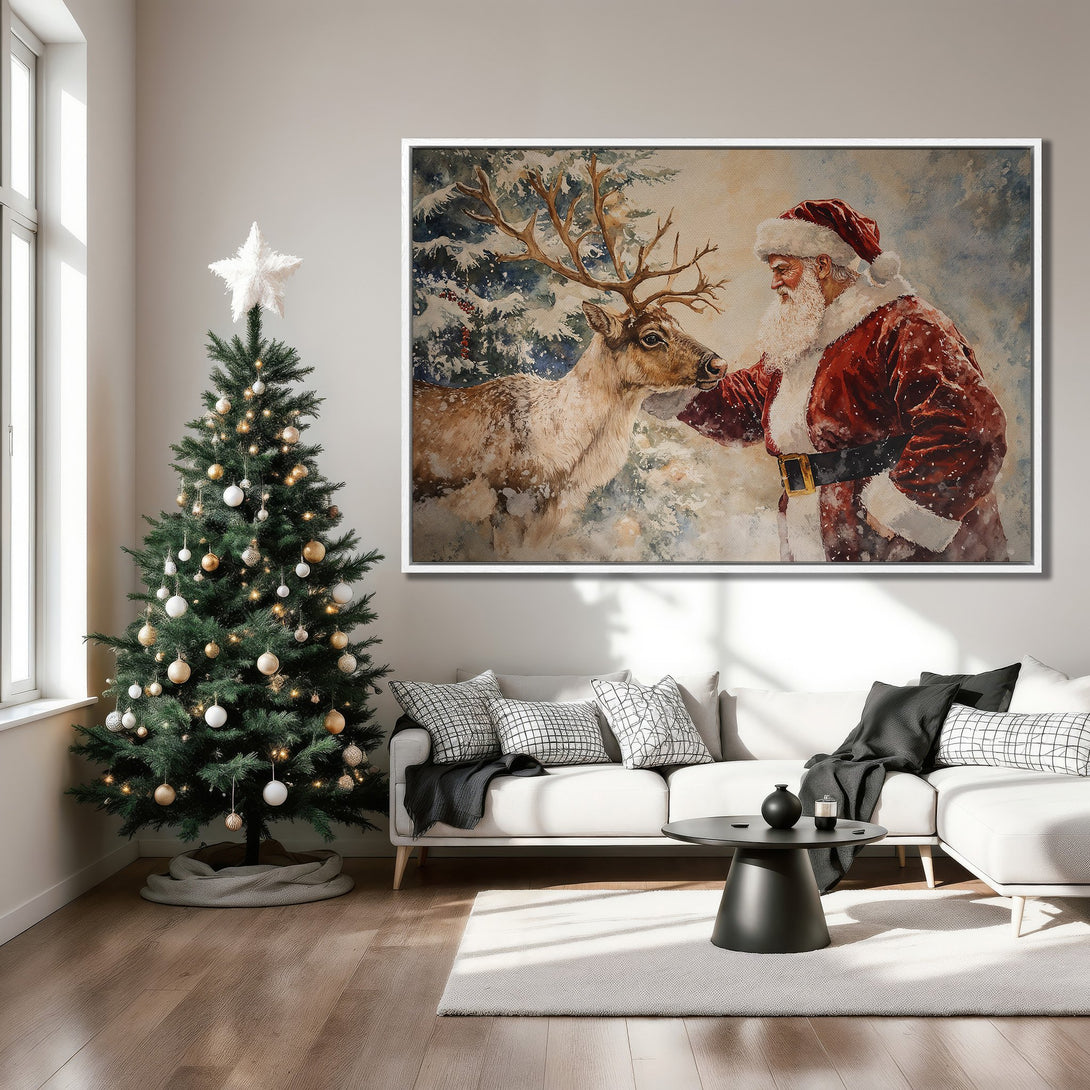 Framed Wall Art: Santa Claus and reindeer watercolor canvas print in a cozy living room. Warm red, blue, and neutral tones create a festive holiday vibe.