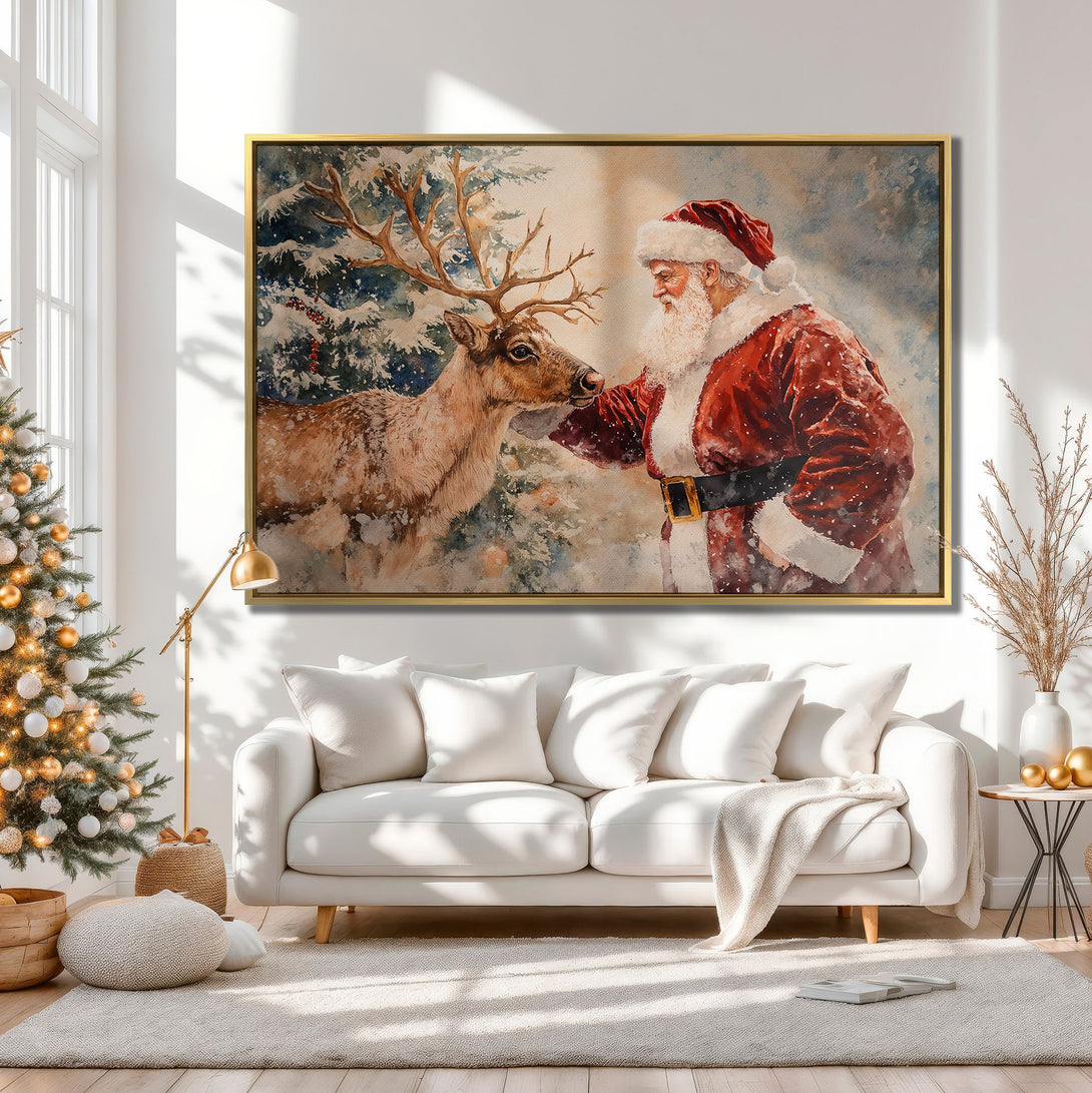 Canvas Print of Santa Claus and reindeer in a watercolor style, neutral color palette, perfect for Christmas decor.