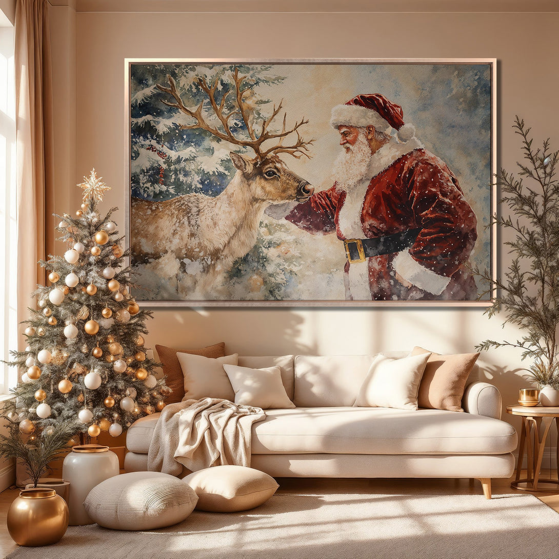 Framed Wall Art: Santa Claus and reindeer watercolor print in a cozy interior with warm, neutral color palette. Perfect Christmas decor!