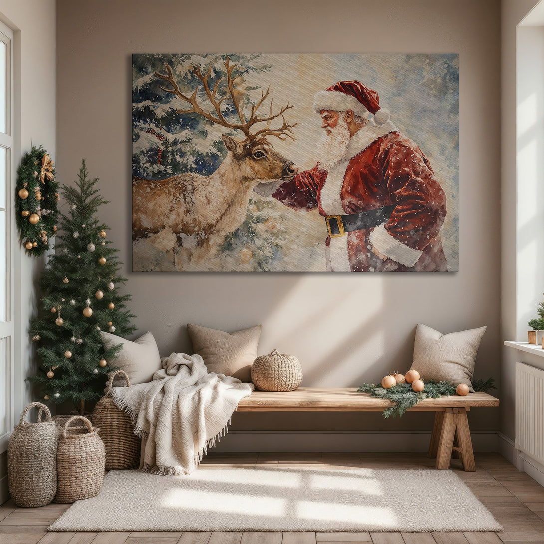 Framed Wall Art of Santa and reindeer in watercolor style, warm red and beige tones. Perfect Christmas decor for a cozy living room.