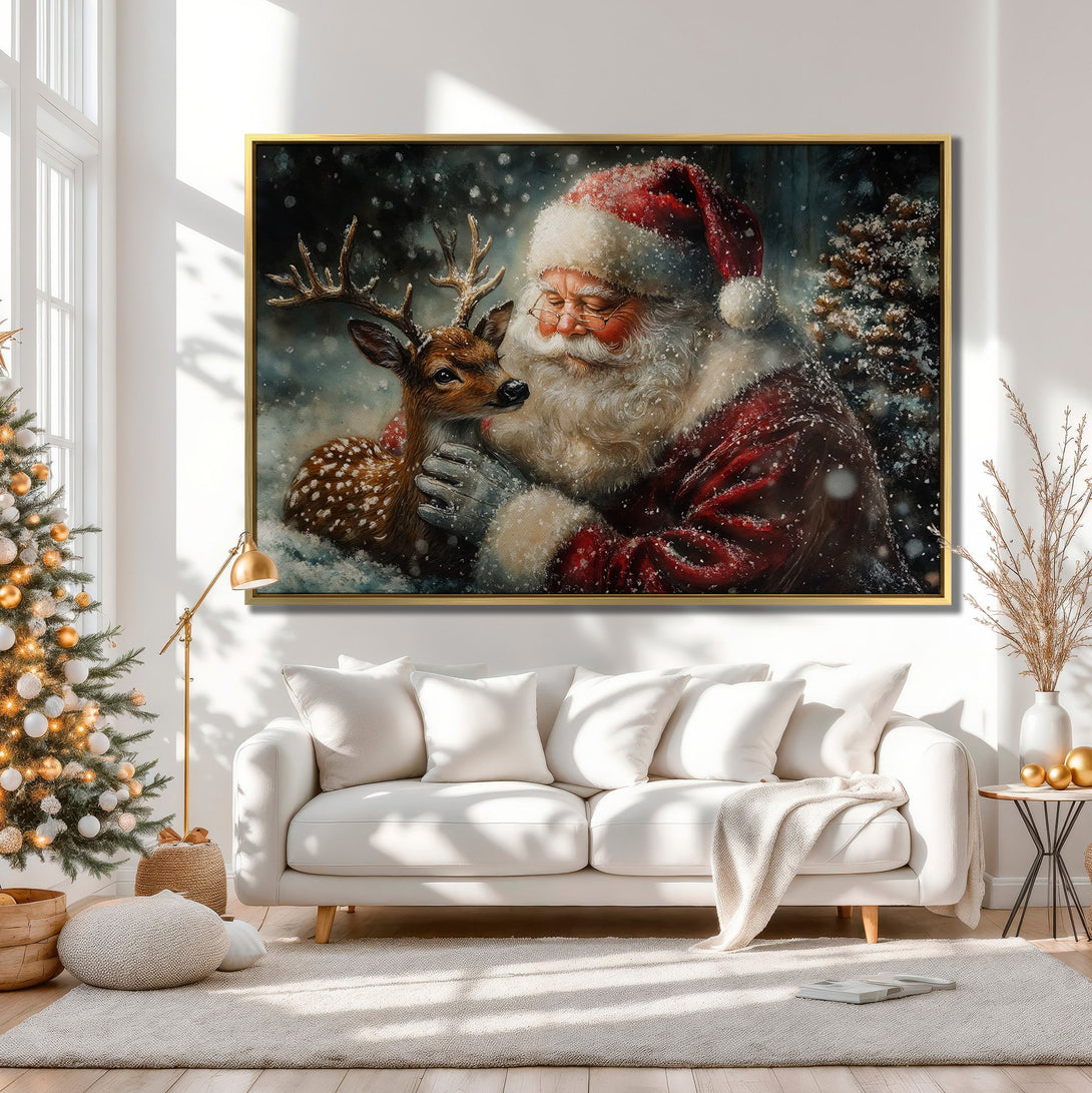 Canvas Print of Santa Claus and deer in a snowy scene, warm neutral tones. Perfect Christmas wall art for a cozy interior.