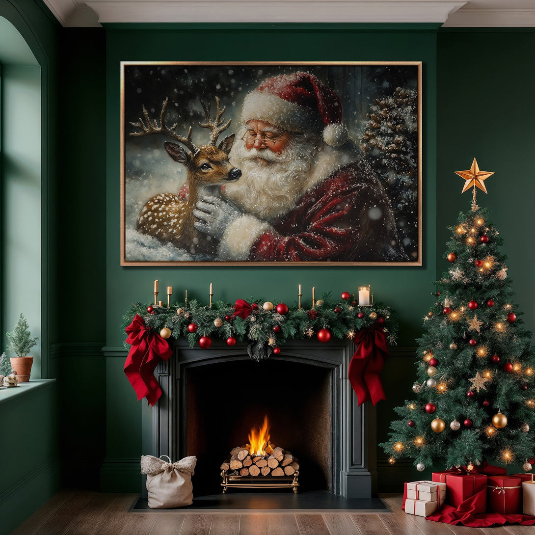 Framed Wall Art: Santa Claus and deer in a cozy Christmas scene. Warm reds and greens create a festive atmosphere. Perfect holiday decor!
