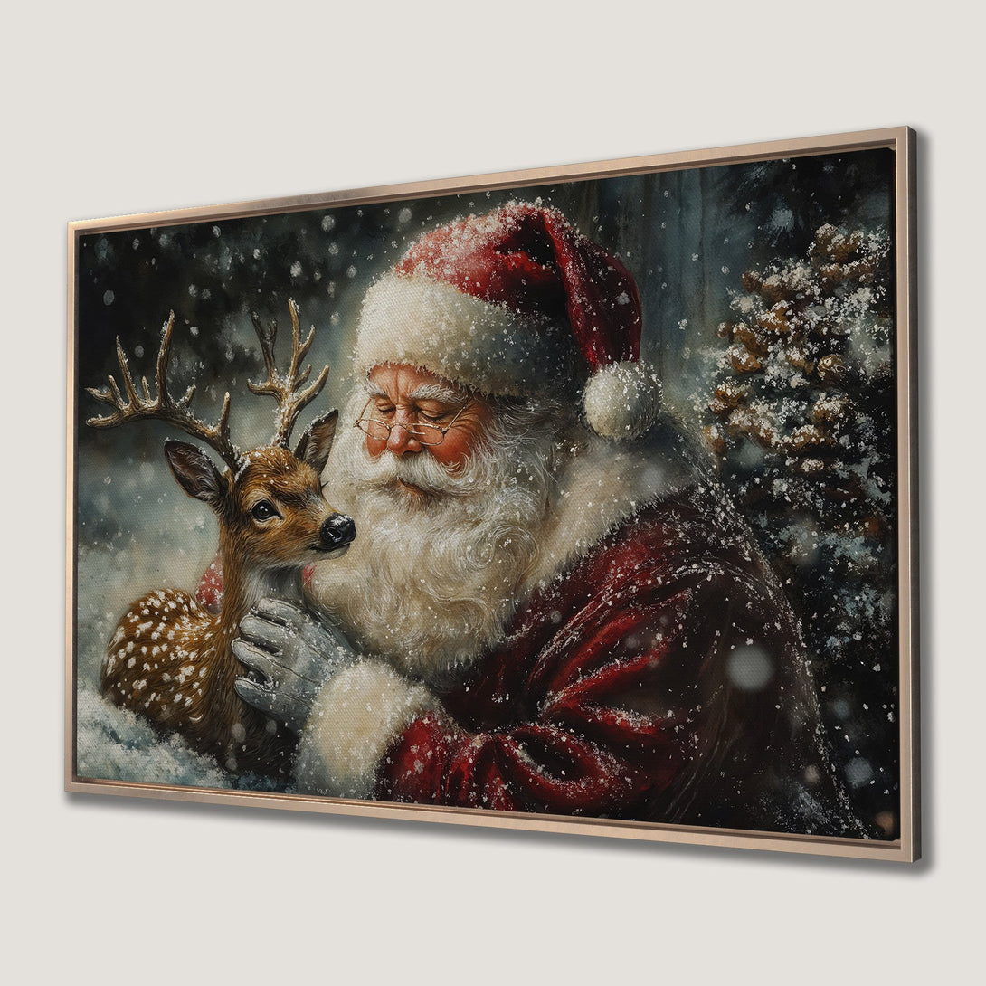 Framed Wall Art: Santa Claus with a reindeer in a snowy forest scene. Warm red, brown, and white color palette. Perfect Christmas decor.