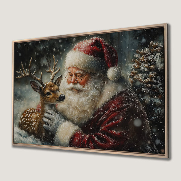Framed Wall Art: Santa Claus with a reindeer in a snowy forest scene. Warm red, brown, and white color palette. Perfect Christmas decor.