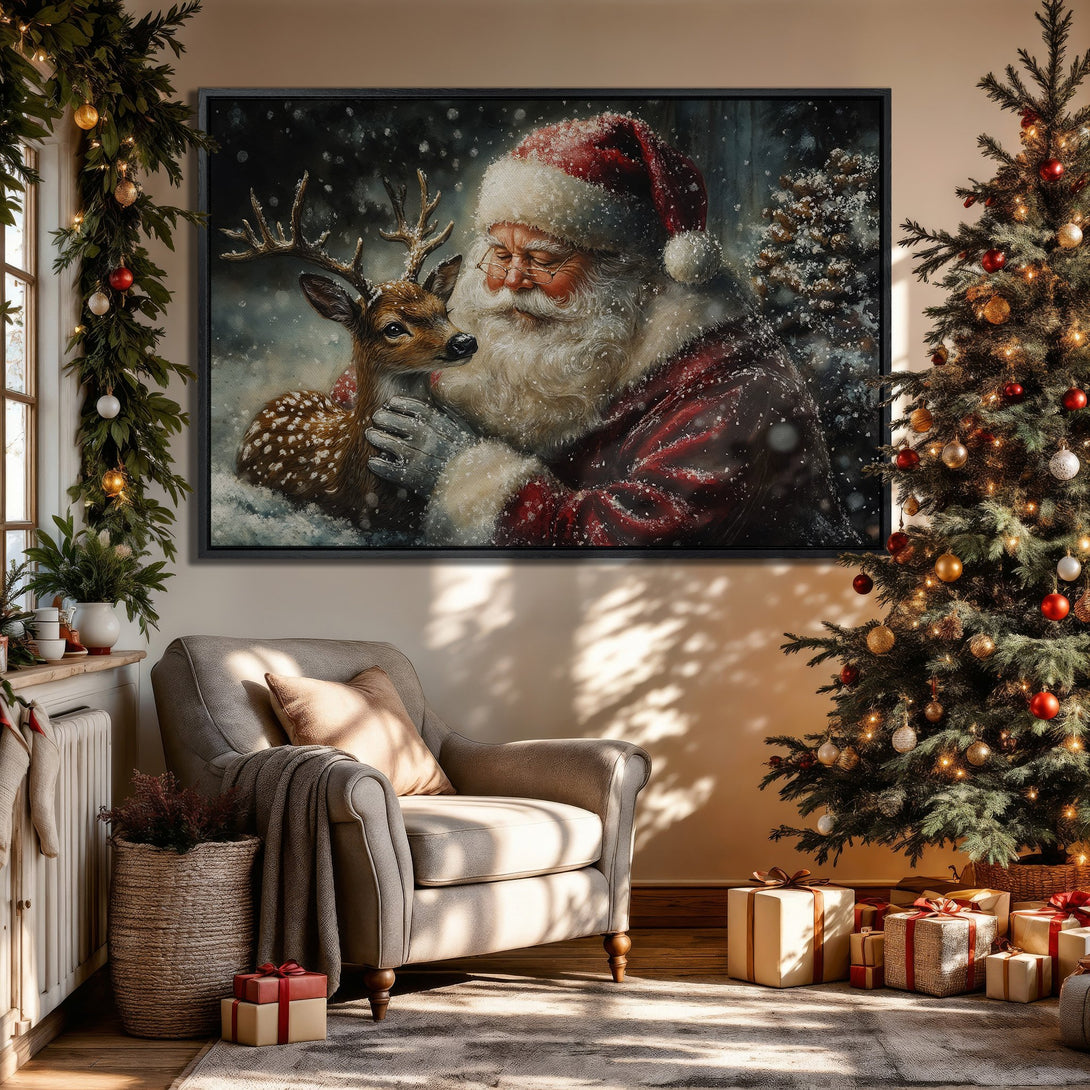 Framed Wall Art: Santa Claus with a deer in a cozy Christmas scene. Warm red, green, and gold tones create a festive, inviting atmosphere. Perfect holiday decor!