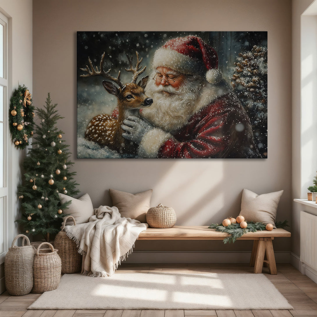 Framed Wall Art: Santa Claus and deer in a warm, winter scene. Classic style with red, white, and gold tones. Perfect Christmas decor.