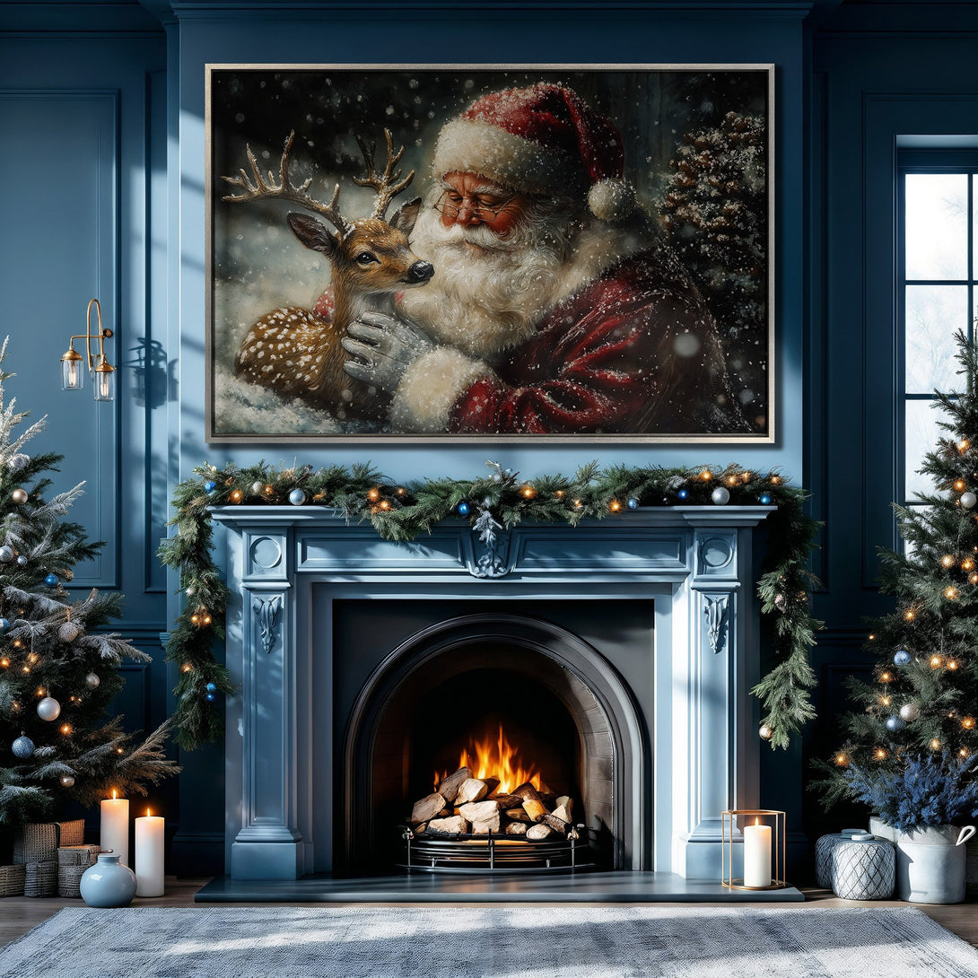 Framed Wall Art: Santa Claus with a deer in a cozy Christmas scene. Classic style with a blue and red color palette, perfect for holiday decor.