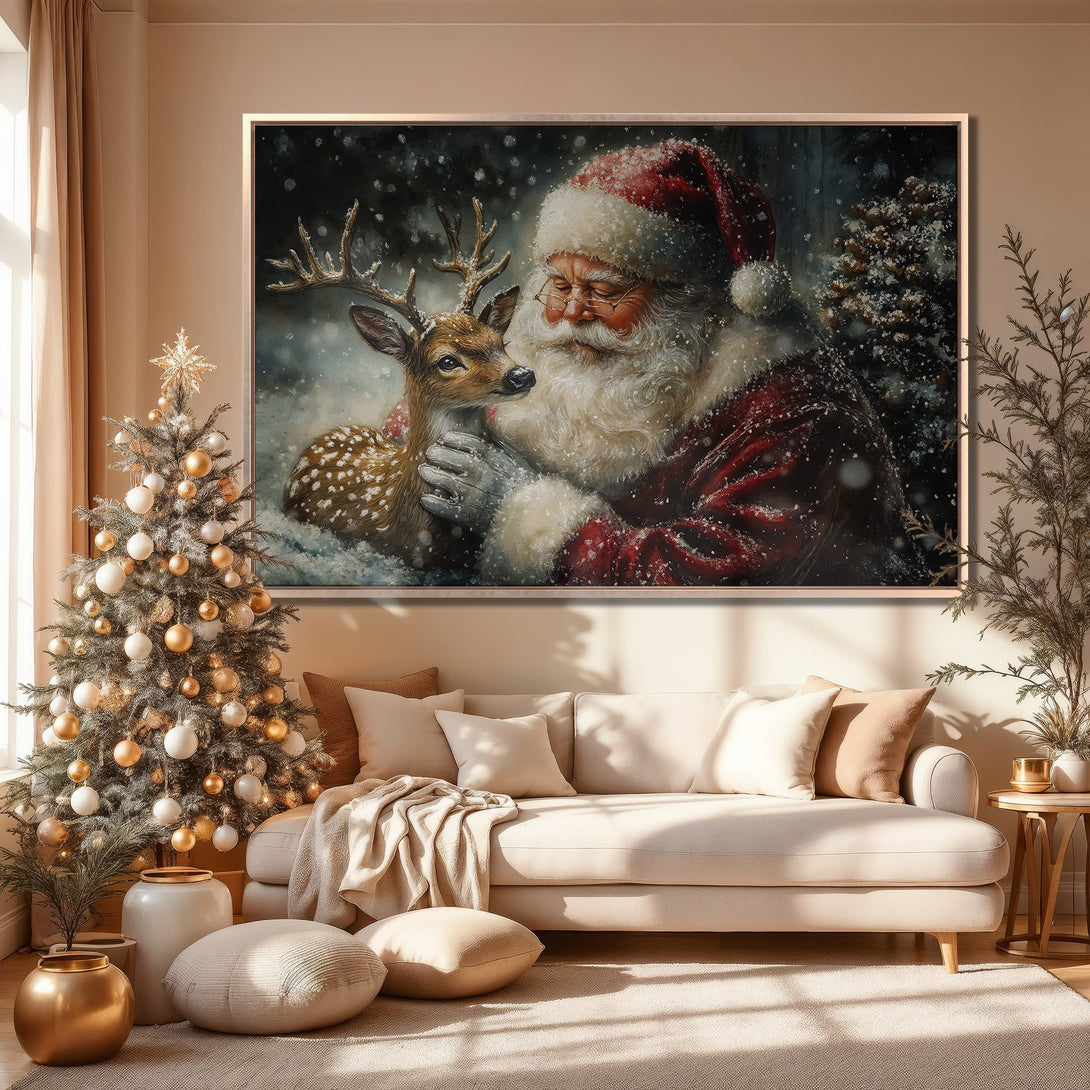 Framed Wall Art: Santa Claus and deer in a cozy winter scene. Warm, neutral color palette perfect for holiday decor. Add festive charm to your home!