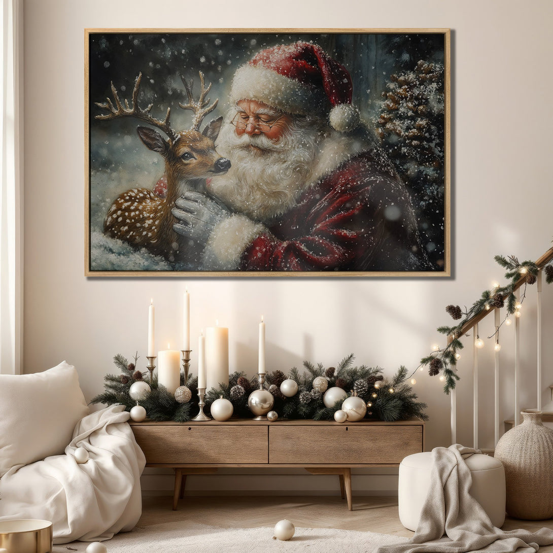 Framed Wall Art: Santa Claus with a deer in a winter scene. Warm, cozy colors with red and brown tones. Perfect Christmas decor for a festive home.