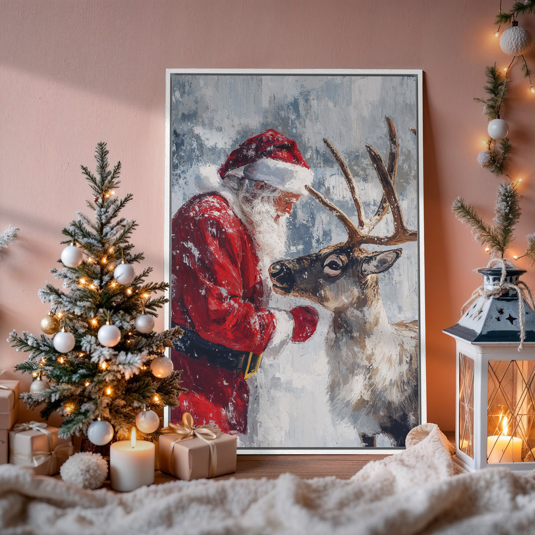 Framed Wall Art: Santa Claus & reindeer oil painting in a cozy interior. Christmas decor with red, white, and blue hues. Perfect holiday gift!