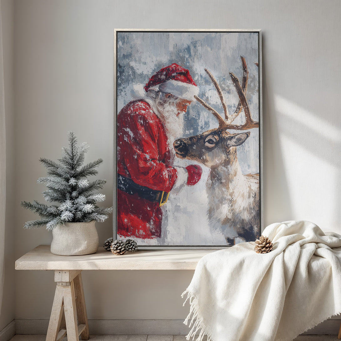 Framed Wall Art: Santa Claus & reindeer painting in a wintery, impressionistic style. Features a red, white, and blue color palette, perfect for Christmas decor.