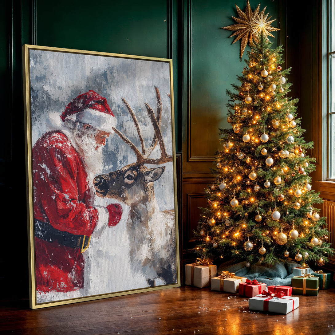Canvas Print of Santa Claus and reindeer in a winter scene, painted in a textured, impressionistic style with red, white, and gray tones. Perfect Christmas decor!