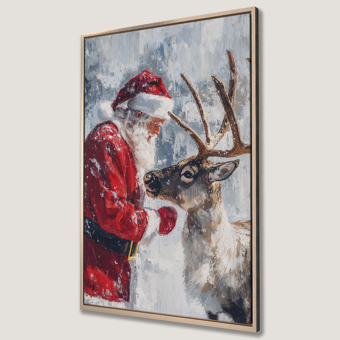 Framed Wall Art: Santa Claus with reindeer, impressionist style, red & blue color palette. Perfect Christmas decor!