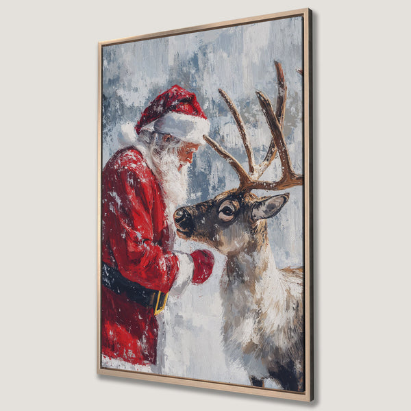 Framed Wall Art: Santa Claus with reindeer, impressionist style, red & blue color palette. Perfect Christmas decor!