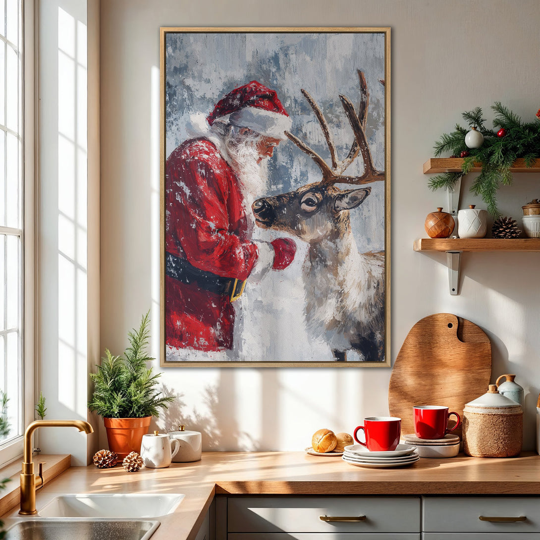 Framed Wall Art: Santa Claus and reindeer painting, festive red and gray palette, perfect for holiday decor. Add warmth and charm to your home!