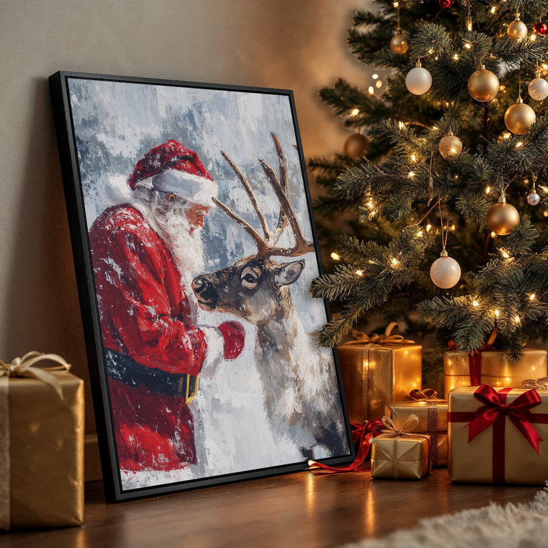 Framed Wall Art: Santa Claus and reindeer painting in a festive interior. Impressionistic style, red, white, and blue color palette. Perfect Christmas decor!