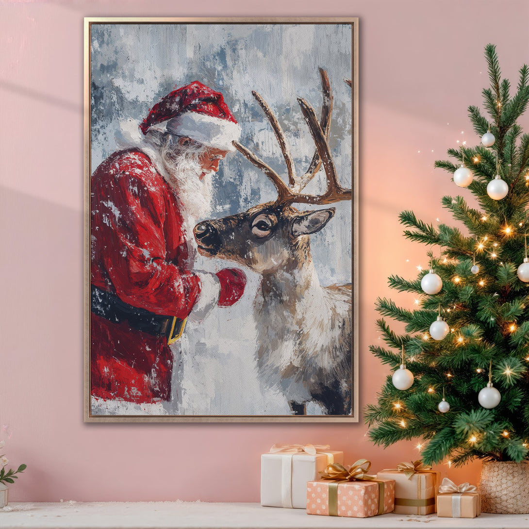 Framed Wall Art: Santa Claus and reindeer painting in a warm, festive palette. Perfect Christmas decor!