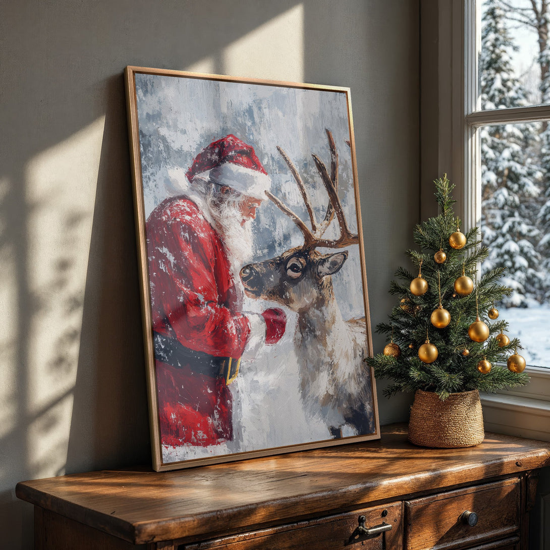 Framed Wall Art: Santa Claus & reindeer painting in a cozy interior. Festive artwork with red, white, and neutral tones. Perfect Christmas decor.