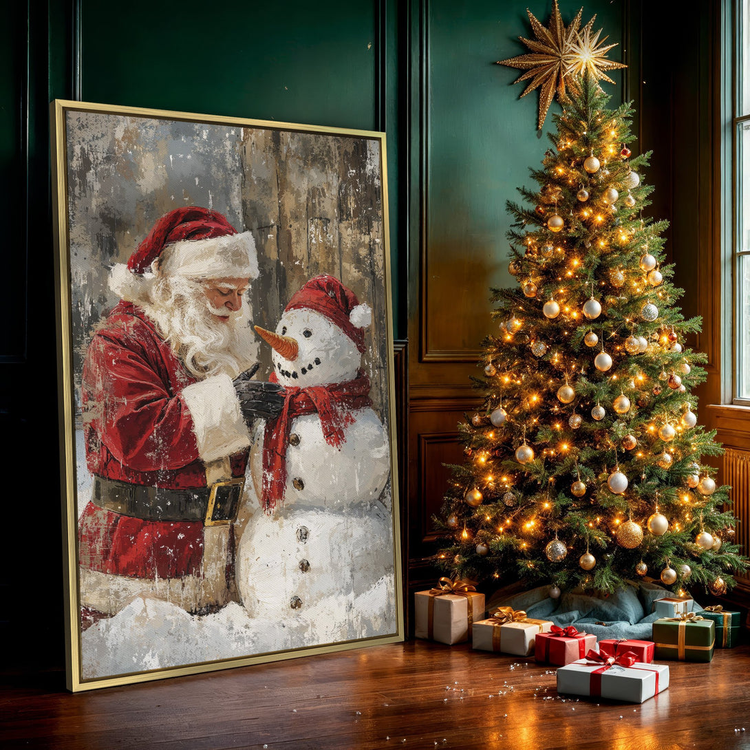 Canvas Print: Santa Claus building a snowman in a painterly style. Features a warm red, white, and brown color palette, perfect for holiday decor.
