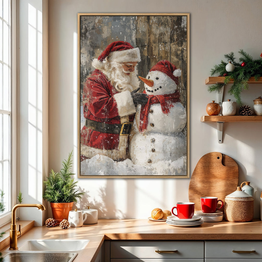 Framed Wall Art: Santa Claus building a snowman. Festive holiday art with a rustic, textured style. Red, white, and neutral color palette. Perfect Christmas decor.