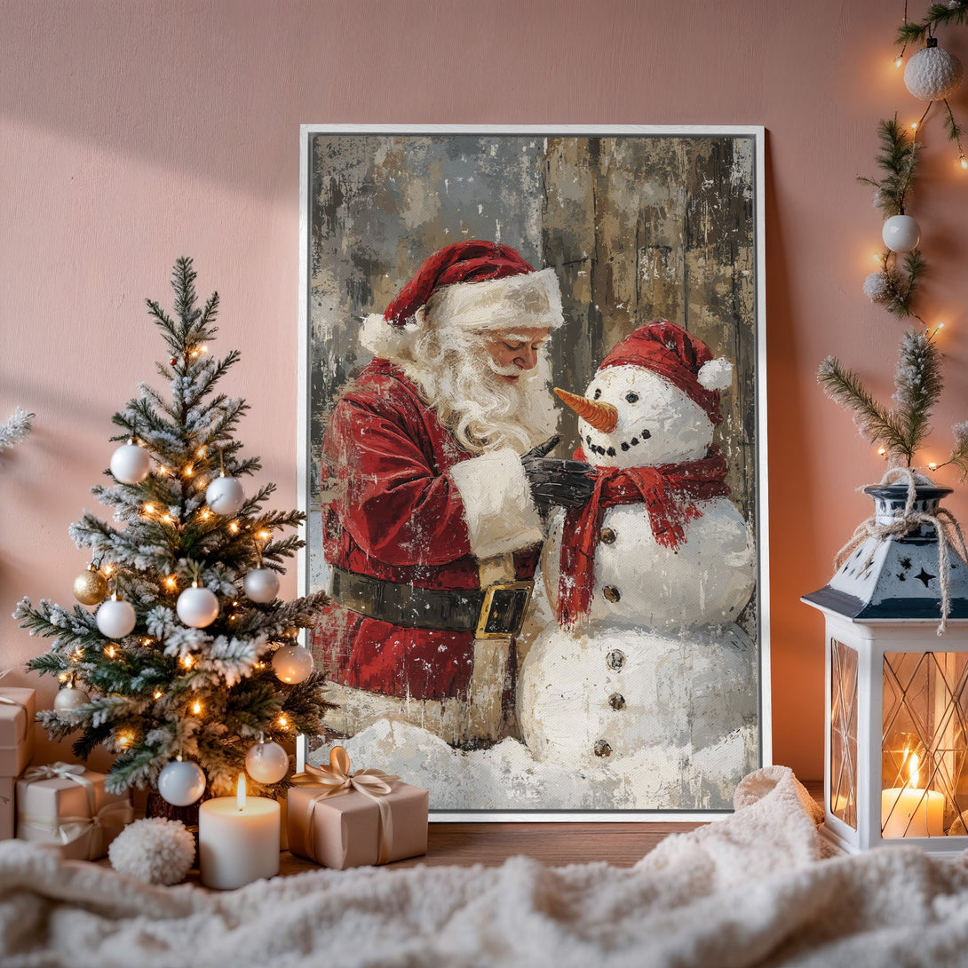 Framed Wall Art: Santa Claus building a snowman, rustic style, warm red and neutral color palette, perfect Christmas decor.