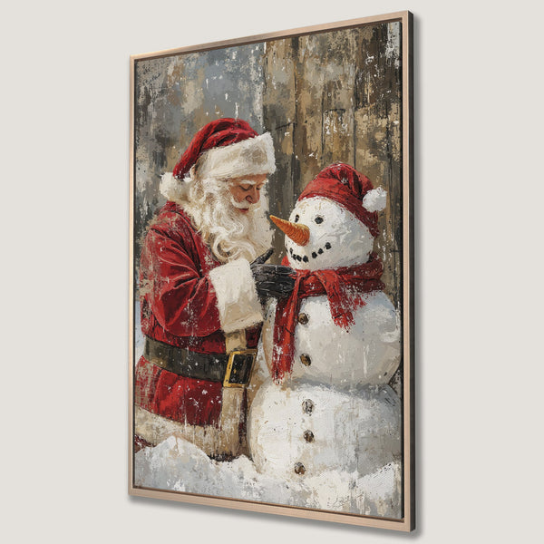 Framed Wall Art featuring Santa Claus building a snowman. Festive painting with red, white, and brown tones, perfect for holiday decor.