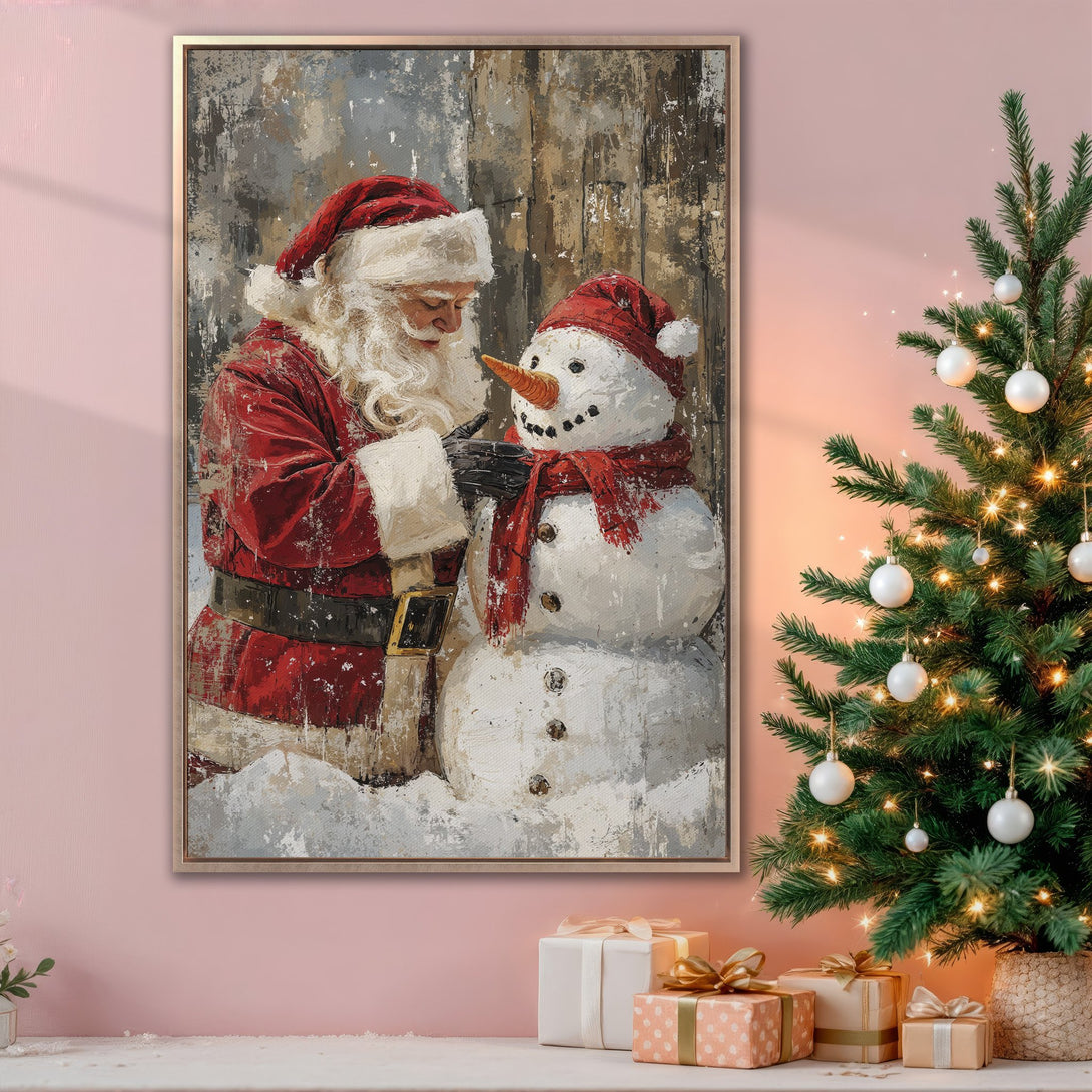 Framed Wall Art: Santa and snowman painting in a warm, festive style. Red, white, and neutral tones create a cozy Christmas vibe. Perfect holiday decor!