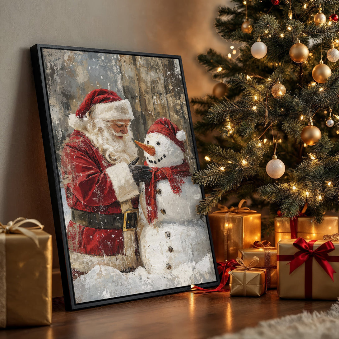 Framed Wall Art: Santa Claus building a snowman, festive painting with red and white tones, perfect Christmas decor.