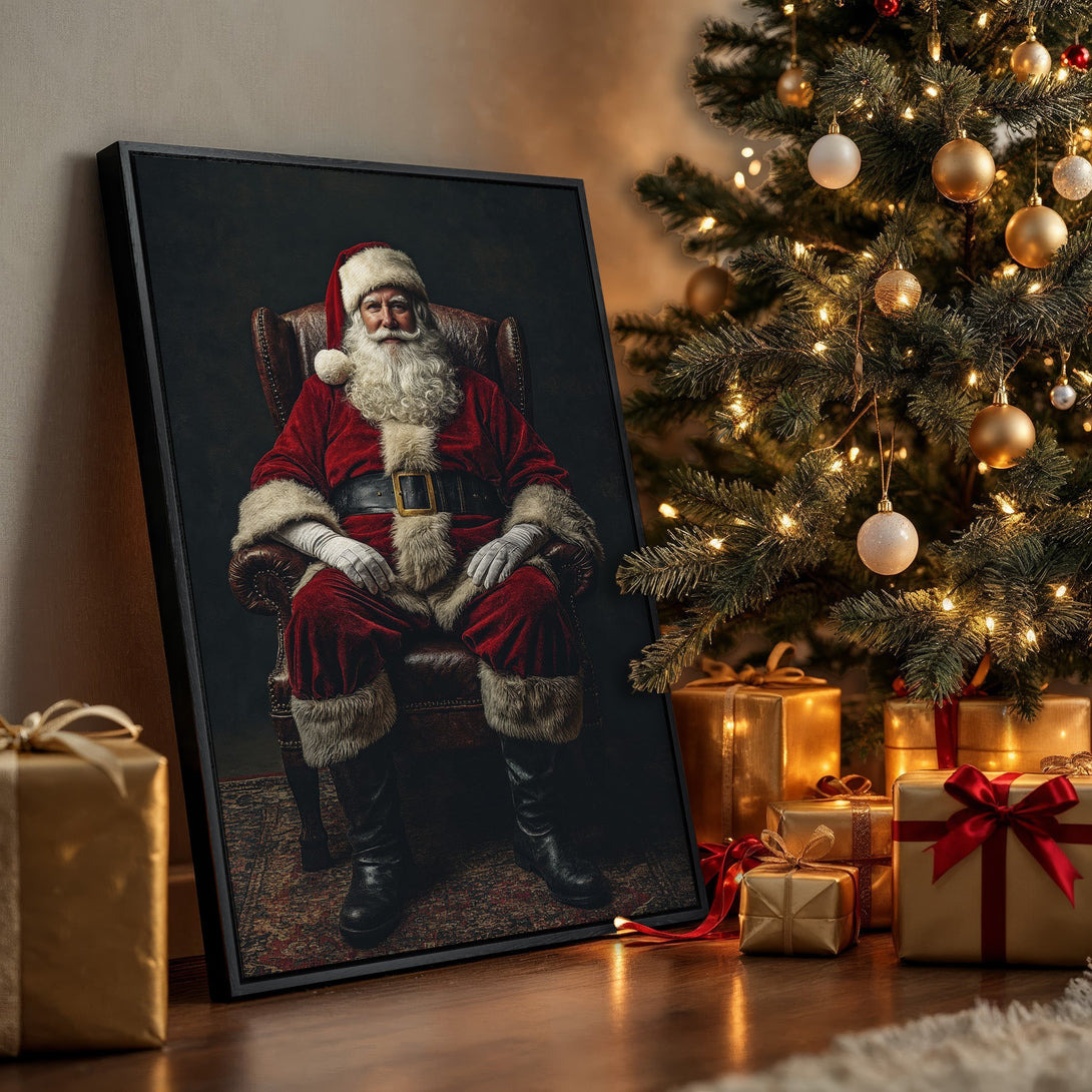Framed Wall Art featuring Santa Claus in a classic style, rich red and gold tones. Perfect Christmas decor for a cozy holiday vibe.