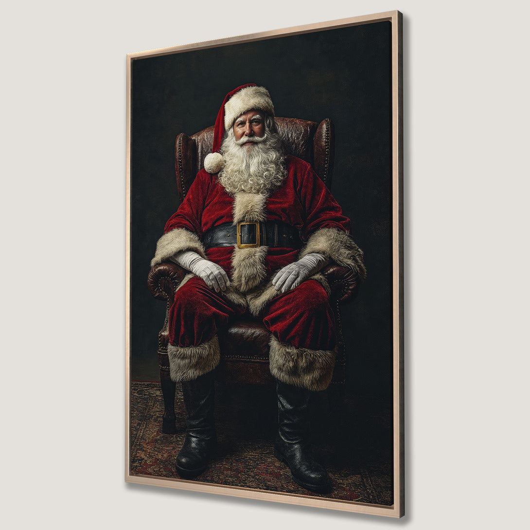 Framed Wall Art: Classic portrait of Santa Claus in red and white attire, sitting in a leather chair. Rich, warm color palette perfect for holiday decor.
