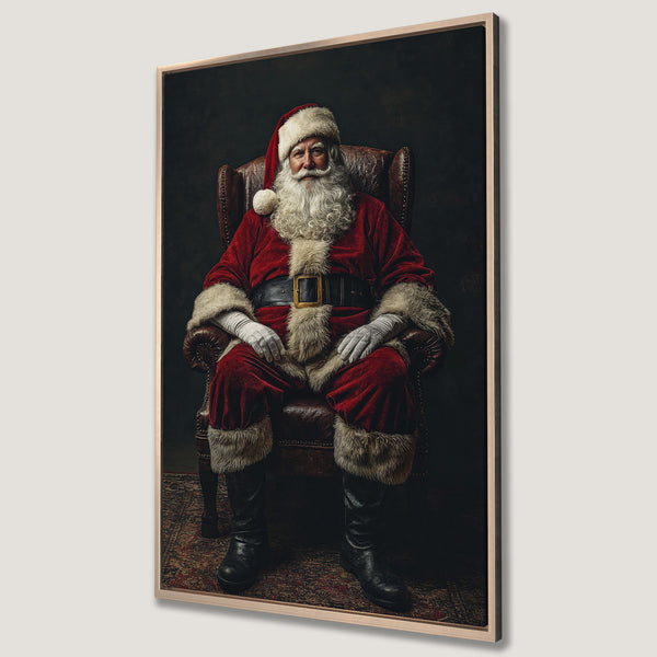 Framed Wall Art: Classic portrait of Santa Claus in red and white attire, sitting in a leather chair. Rich, warm color palette perfect for holiday decor.