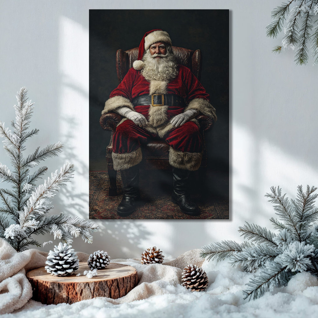 Framed Wall Art: Santa Claus portrait in a classic style, rich red and gold color palette, perfect for Christmas decor.