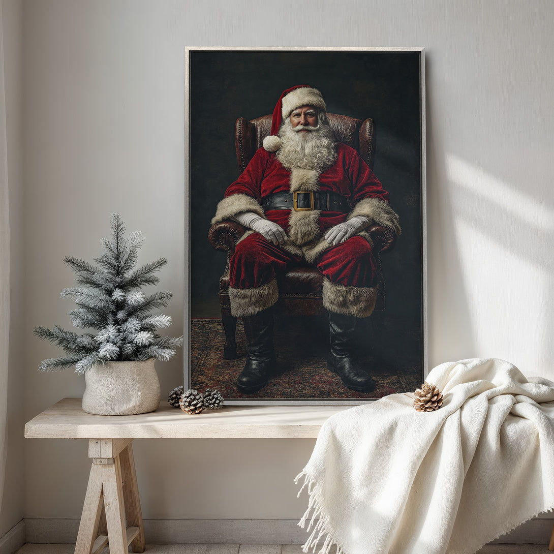 Framed Wall Art featuring Santa Claus in a classic portrait style. Rich red and dark tones create a warm, festive holiday vibe for your home decor.