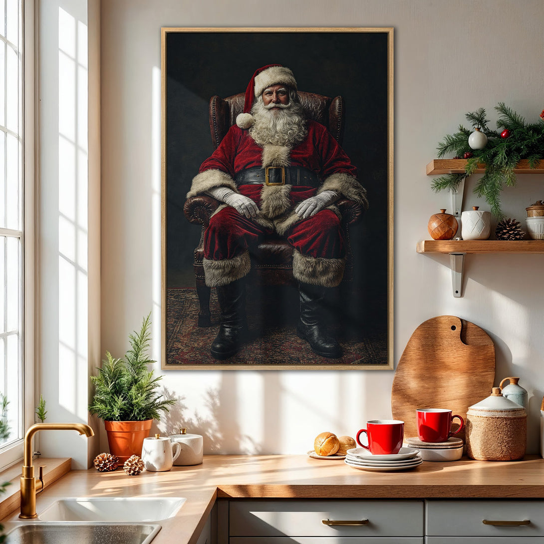 Framed Wall Art: Regal Santa portrait in rich red and brown tones. Perfect holiday decor for a cozy, traditional interior. Bring the magic of Christmas home!