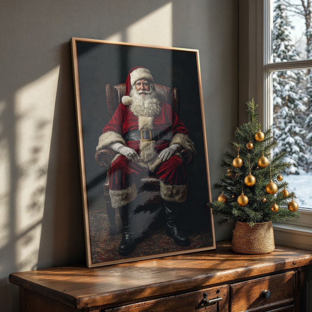 Framed Wall Art featuring Santa Claus in a classic style, rich red and gold tones. Perfect Christmas decor for a cozy, festive home.