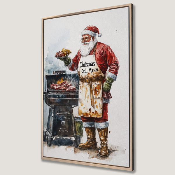 Framed Wall Art: Santa grilling! Watercolor style Canvas Print with red, brown, and white hues. Festive Christmas decor for your kitchen or dining room.