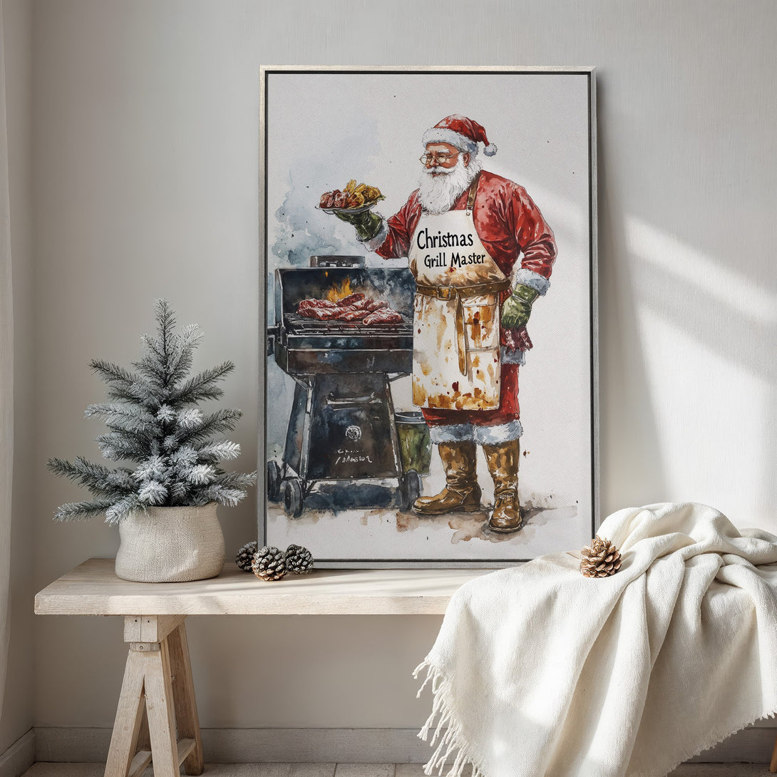 Framed Wall Art: Santa grilling! Watercolor style print with red, brown, and white color palette. Festive holiday decor for your home.
