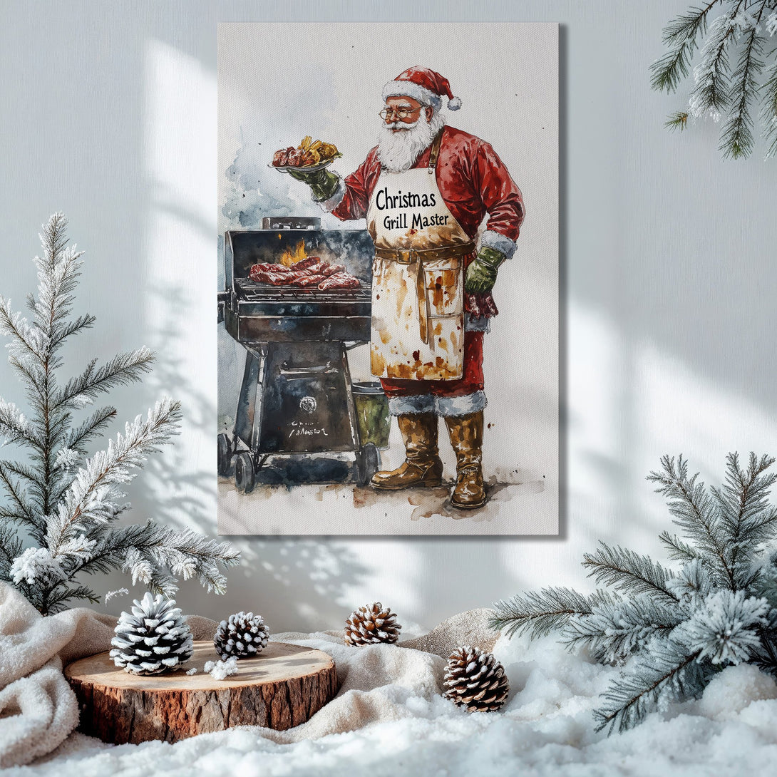 Framed Wall Art: Watercolor Santa grilling, festive Christmas scene. Warm reds, greens, and golds create a cozy holiday vibe. Perfect for your home!