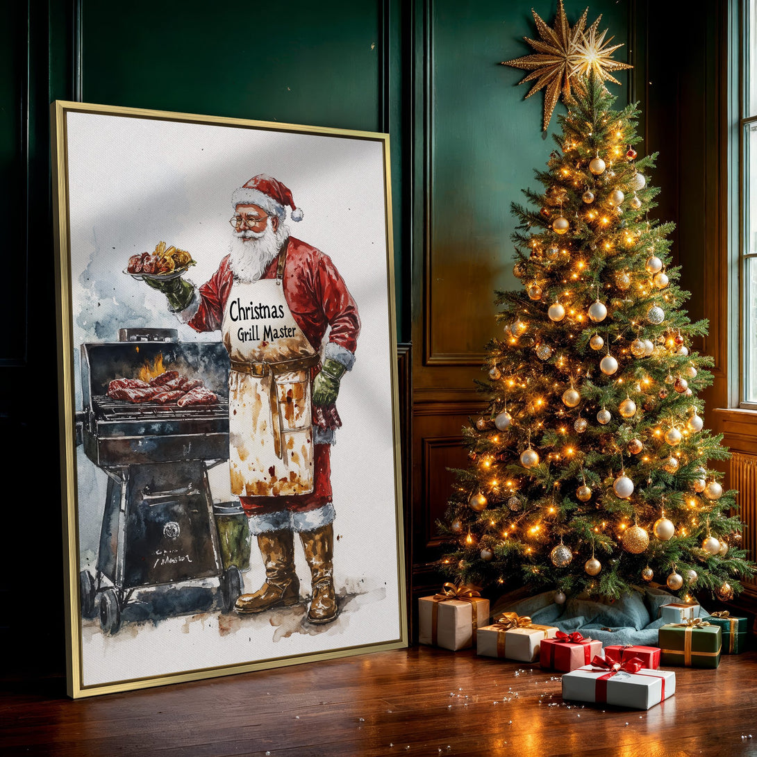 Canvas Print featuring Santa grilling, watercolor style, warm red and brown palette, perfect for Christmas decor.