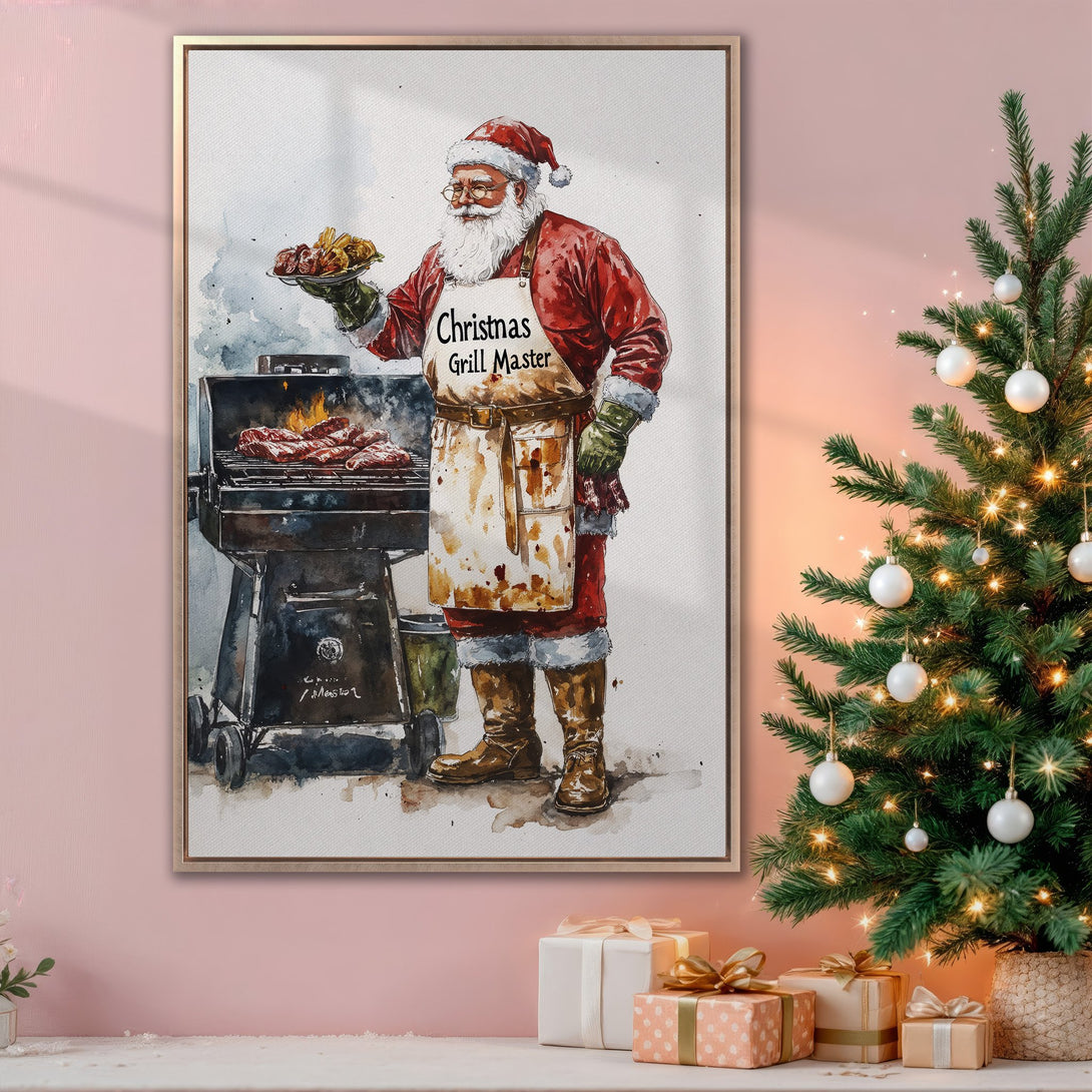 Framed Wall Art: Santa grilling! Watercolor style Canvas Print with Santa Claus in red, white, and brown, set against a pink background, perfect for Christmas decor.