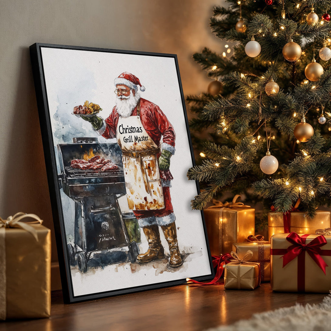 Framed Wall Art: Santa grilling! Watercolor style Canvas Print with red, brown, and gold hues. Perfect Christmas decor for your kitchen or dining room.