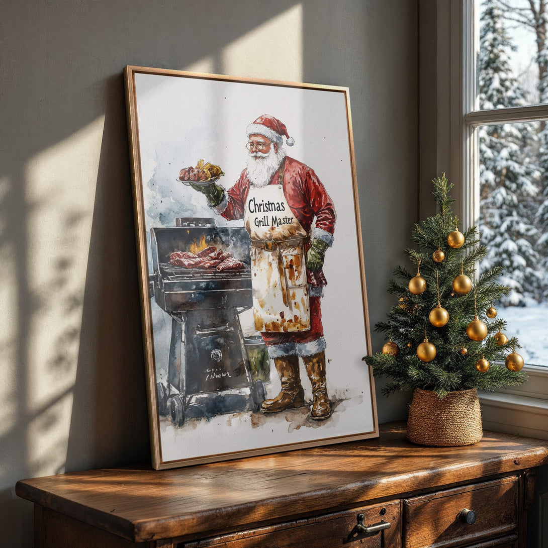 Framed Wall Art featuring Santa grilling, watercolor style. Festive red, brown, and grey palette, perfect for Christmas decor.