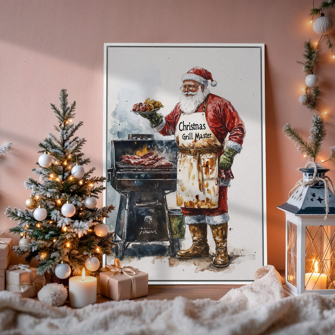Framed Wall Art: Watercolor Santa grilling, festive Christmas decor. Red, white & brown color palette. Perfect holiday gift!