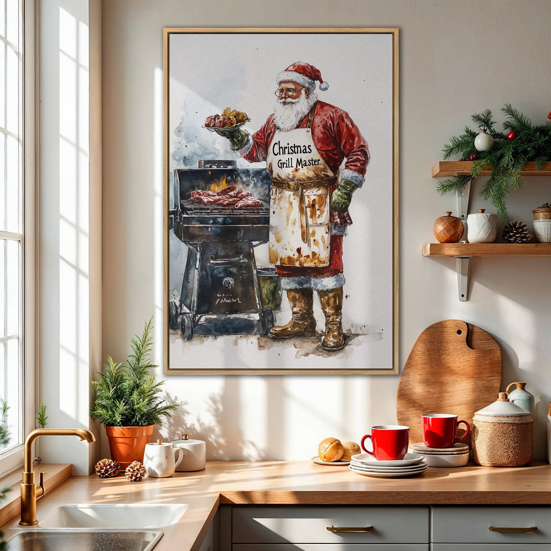 Framed Wall Art featuring Santa grilling, watercolor style, warm red & brown tones. Perfect Christmas kitchen decor!