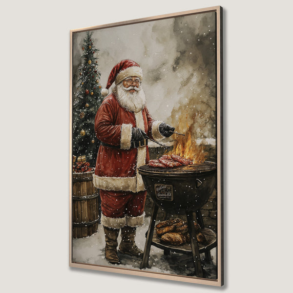 Framed Wall Art of Santa grilling. Watercolor style, warm red and brown tones. Festive Christmas decor. Perfect for holiday gifting.