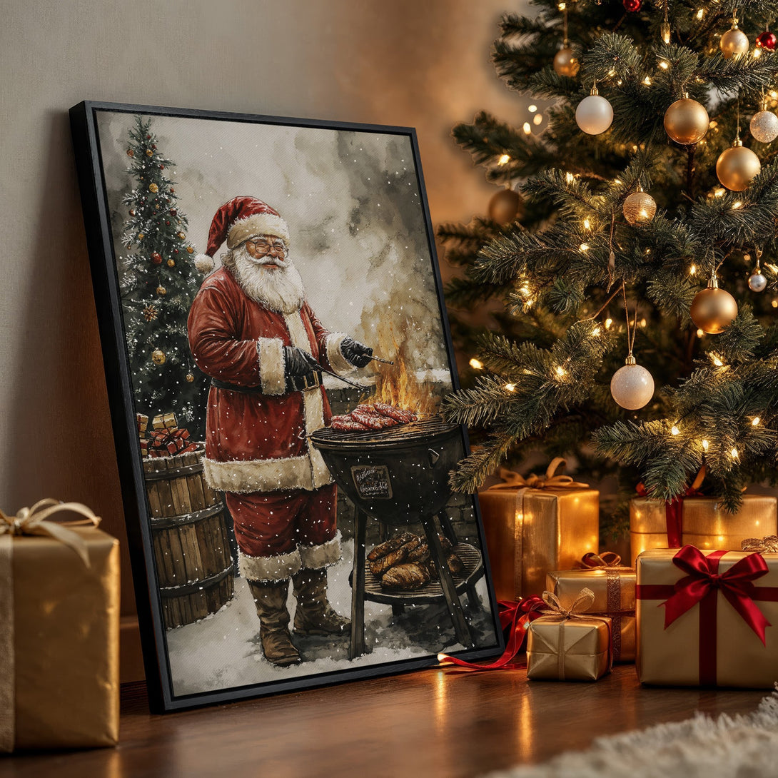 Framed Wall Art: Santa grilling on a watercolor-style Canvas Print, warm red and gold hues, festive Christmas scene. Perfect holiday decor!