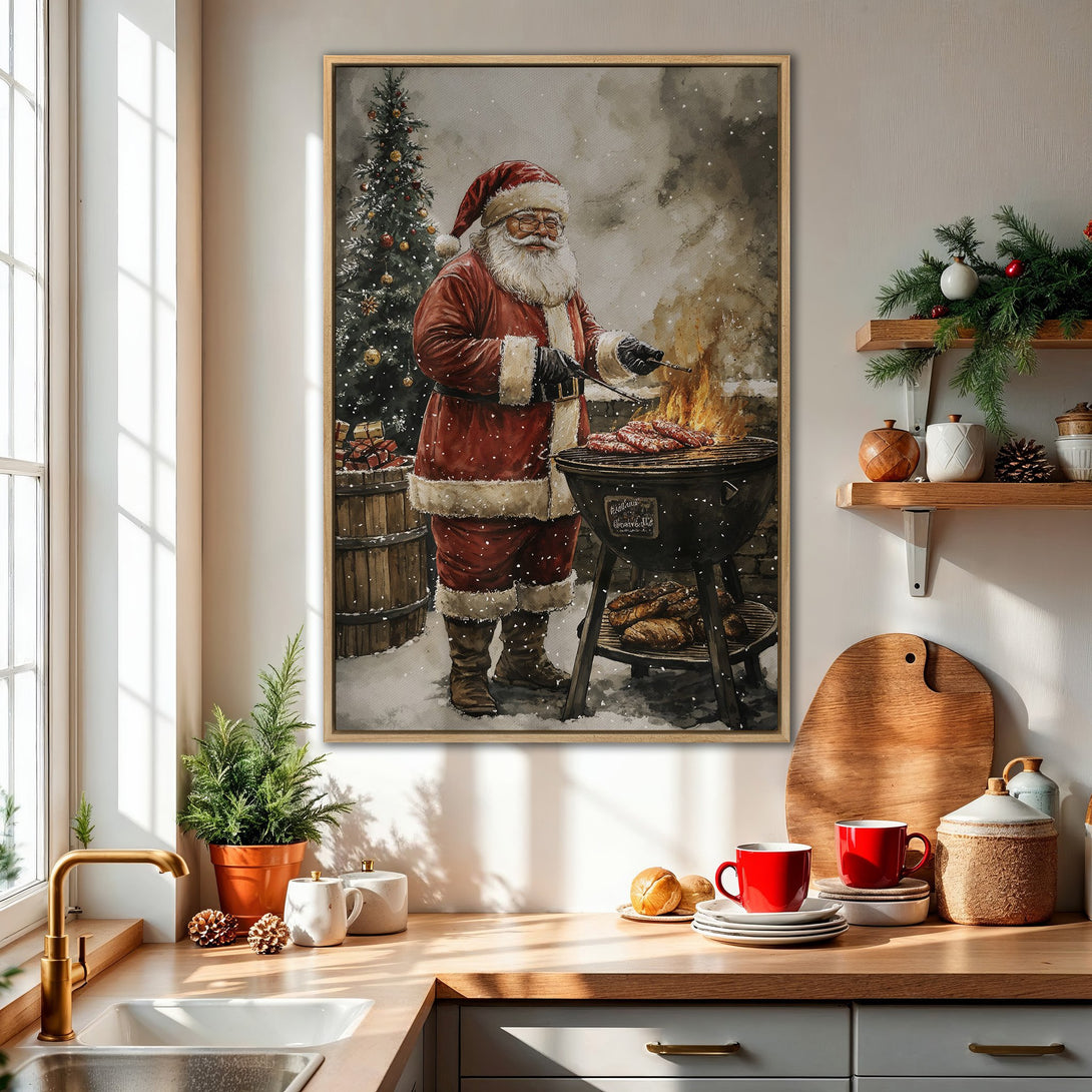 Framed Wall Art: Santa grilling in watercolor style, warm red and brown tones. Perfect Christmas decor for your kitchen or dining room.